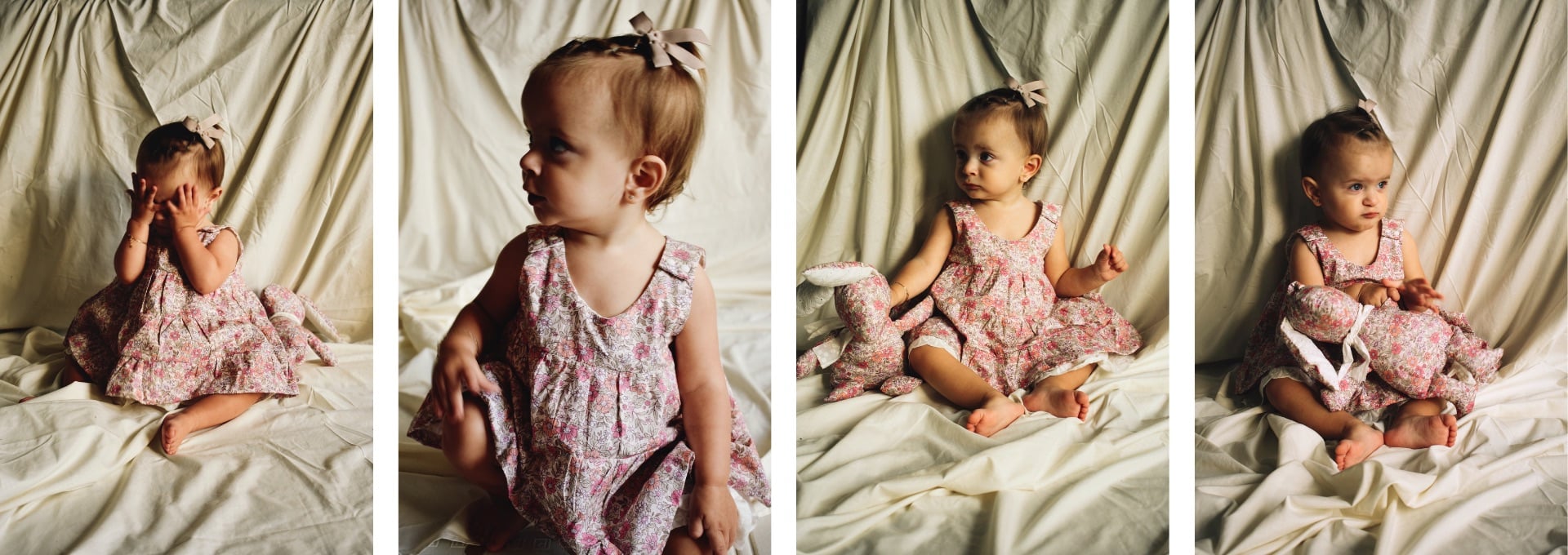 Secuencia de cuatro fotografías de un bebé vistiendo el vestido reversible de estampado floral rosa, sobre una tela clara.