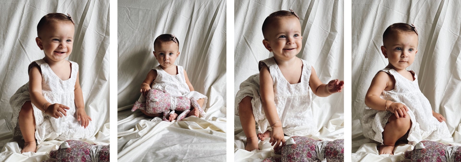 Segunda secuencia de fotografías del vestido reversible para bebé, mostrando el vestido junto a un peluche a juego.