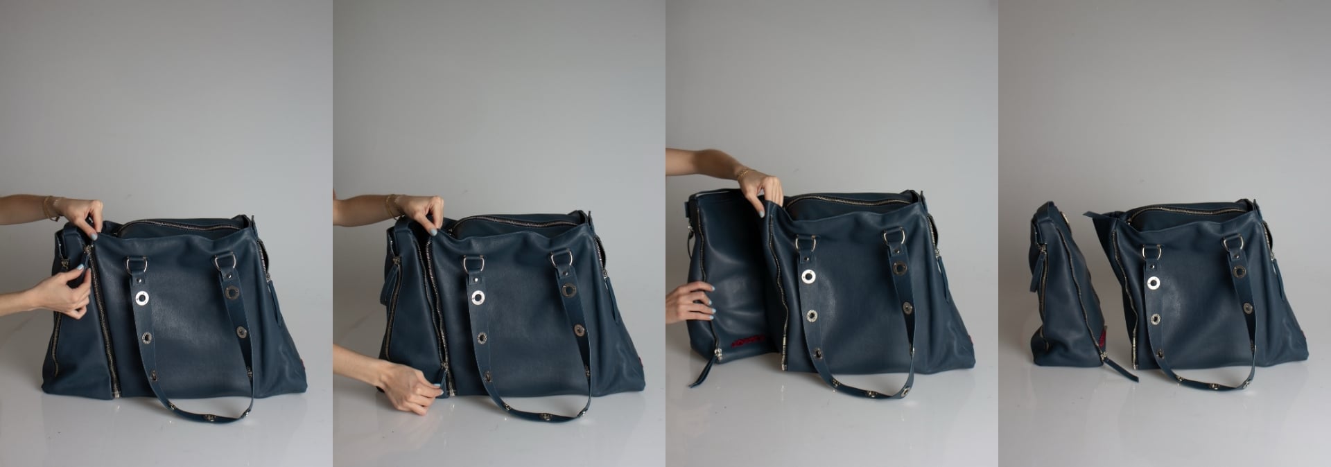 Secuencia de configuraciones del bolso NOMMADA, mostrando cómo se adapta a distintos contextos de uso.